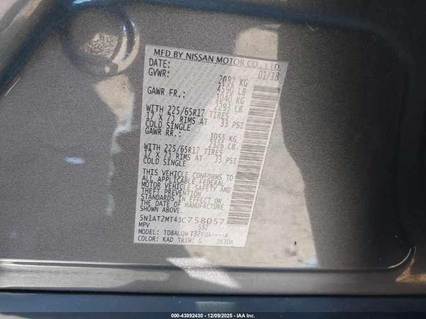 2018 Nissan Rogue Sv VIN: 5N1AT2MT4JC758057 Lot: 43892430