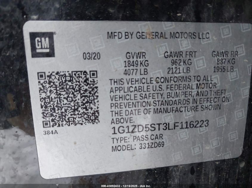 2020 Chevrolet Malibu Fwd Lt VIN: 1G1ZD5ST3LF116223 Lot: 43892432