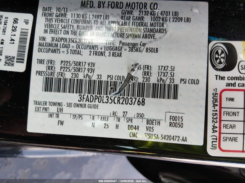 2010 Ford Fusion VIN: 3FADP0135CR203768 Lot: 43892447