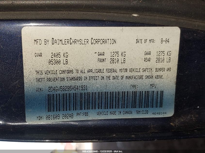 2005 Dodge Magnum Rt VIN: 2D4GV58295H541931 Lot: 43892448