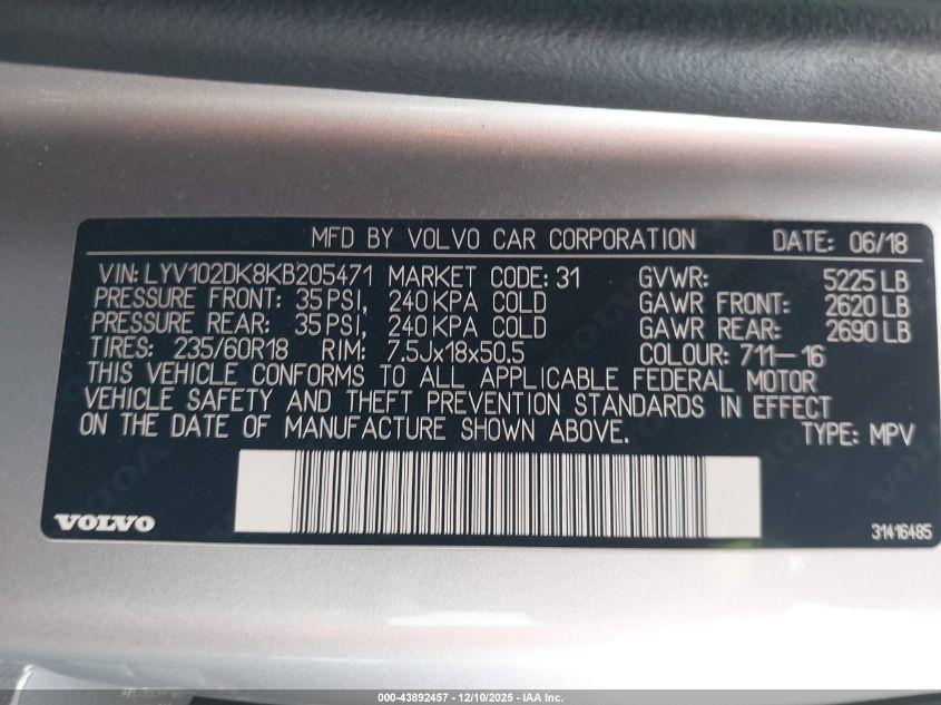 2019 Volvo Xc60 T5 Momentum VIN: LYV102DK8KB205471 Lot: 43892457