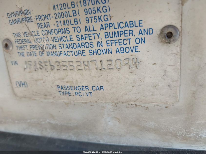 2002 Subaru Forester L VIN: JF1SF63552H712094 Lot: 43892459