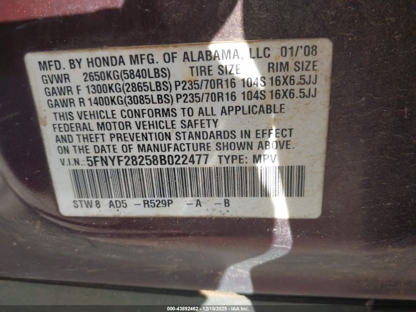 2008 Honda Pilot Vp VIN: 5FNYF28258B022477 Lot: 43892462