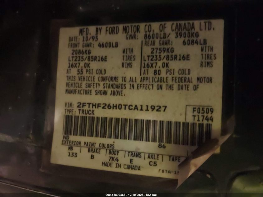 1996 Ford F250 VIN: 2FTHF26H0TCA11927 Lot: 43892467