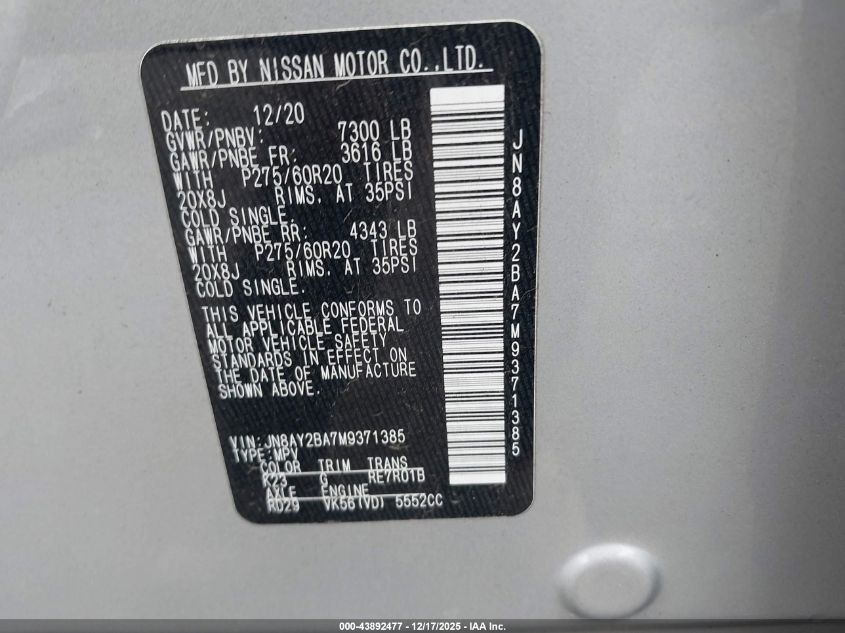 2021 Nissan Armada Sl 2Wd VIN: JN8AY2BA7M9371385 Lot: 43892477