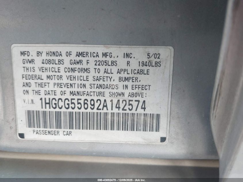 2002 Honda Accord 2.3 Ex VIN: 1HGCG55692A142574 Lot: 43892479