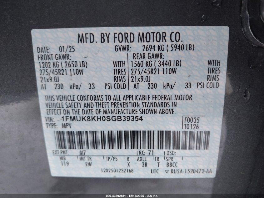 2025 Ford Explorer St-Line VIN: 1FMUK8KH0SGB39354 Lot: 43892481