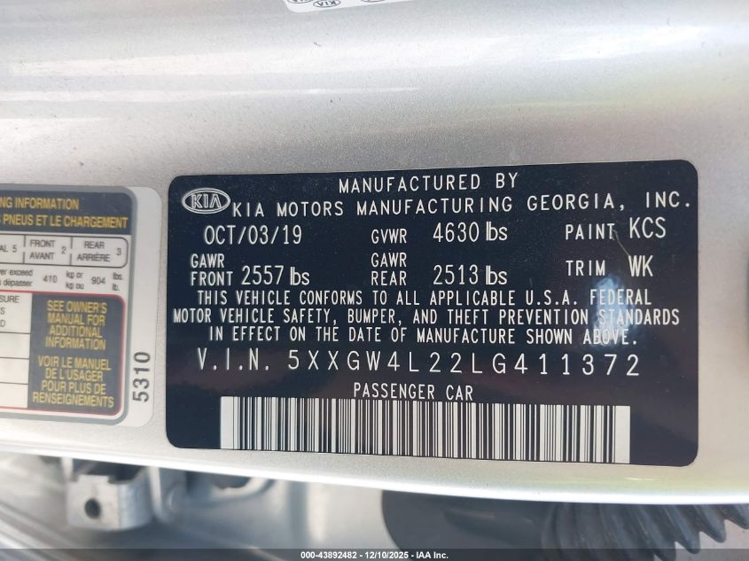 2020 Kia Optima Sx Turbo VIN: 5XXGW4L22LG411372 Lot: 43892482