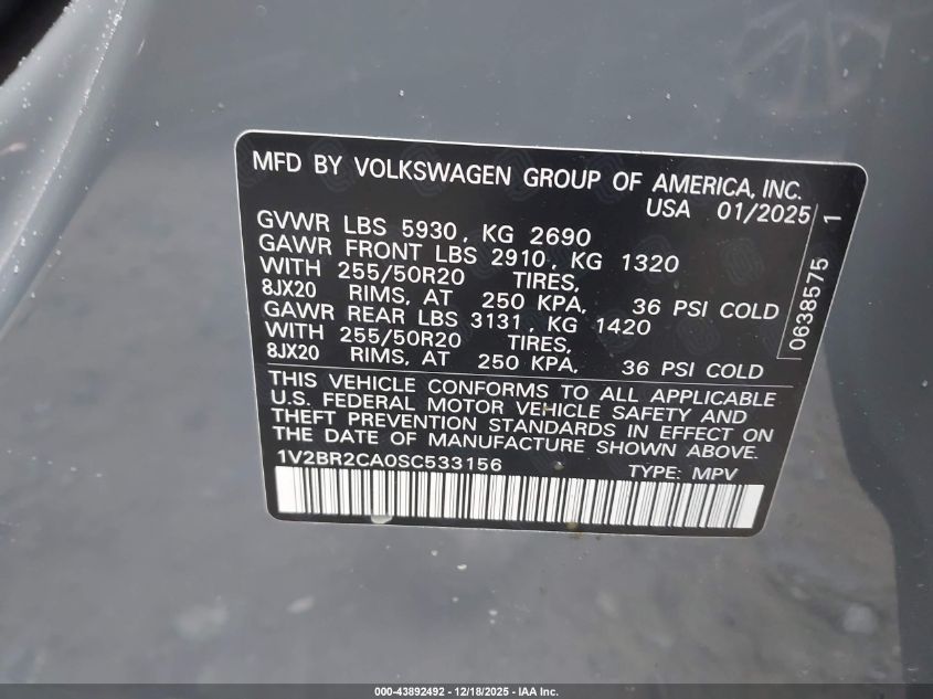 2025 Volkswagen Atlas 2.0T Sel VIN: 1V2BR2CA0SC533156 Lot: 43892492