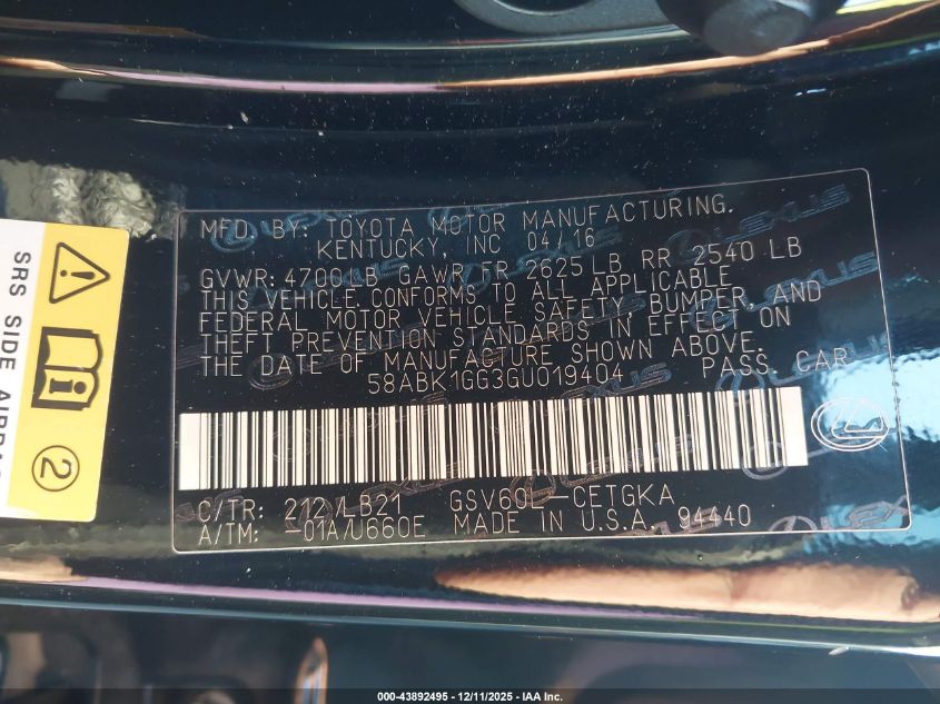 2016 Lexus Es 350 VIN: 58ABK1GG3GU019404 Lot: 43892495