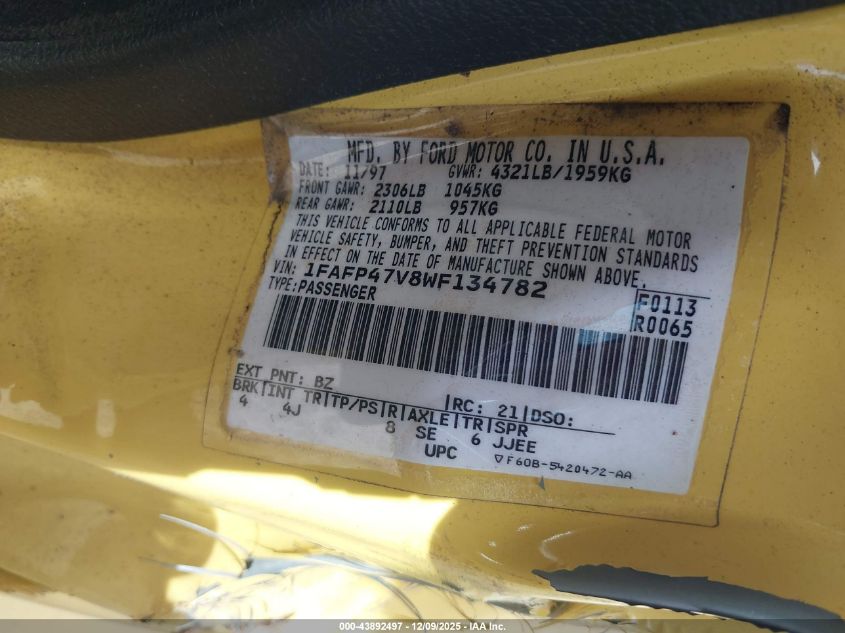 1998 Ford Mustang Svt Cobra VIN: 1FAFP47V8WF134782 Lot: 43892497