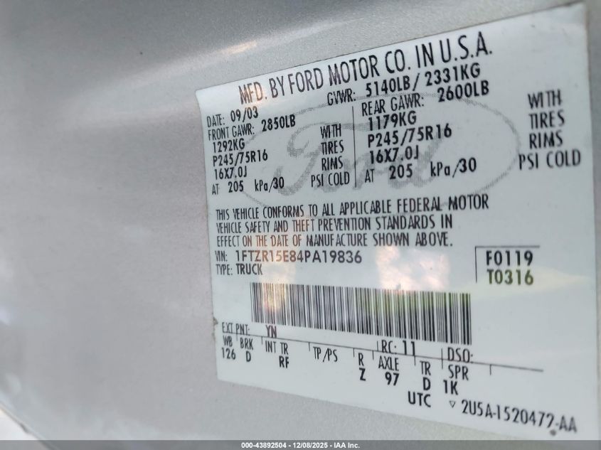 2004 Ford Ranger Xlt VIN: 1FTZR15E84PA19836 Lot: 43892504