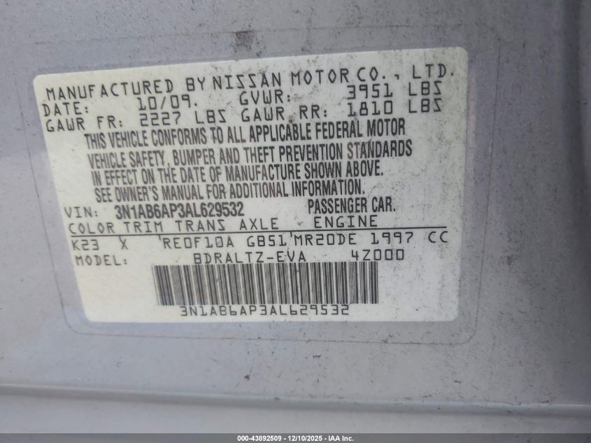 2010 Nissan Sentra 2.0S VIN: 3N1AB6AP3AL629532 Lot: 43892509