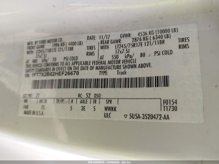 2017 Ford F-250 Xl VIN: 1FT7X2B62HEF26670 Lot: 43892516