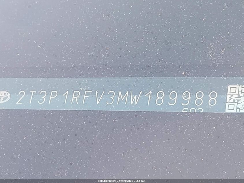 2021 Toyota Rav4 Xle VIN: 2T3P1RFV3MW189988 Lot: 43892529