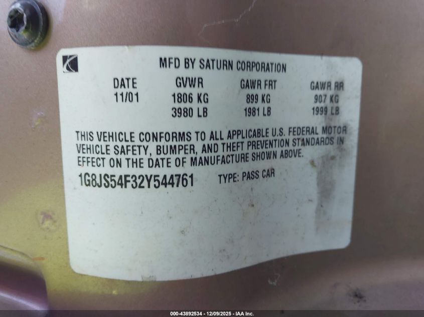 2002 Saturn L-Series L100 VIN: 1G8JS54F32Y544761 Lot: 43892534