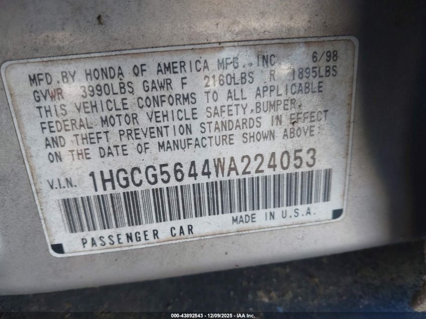 1998 Honda Accord Lx VIN: 1HGCG5644WA224053 Lot: 43892543