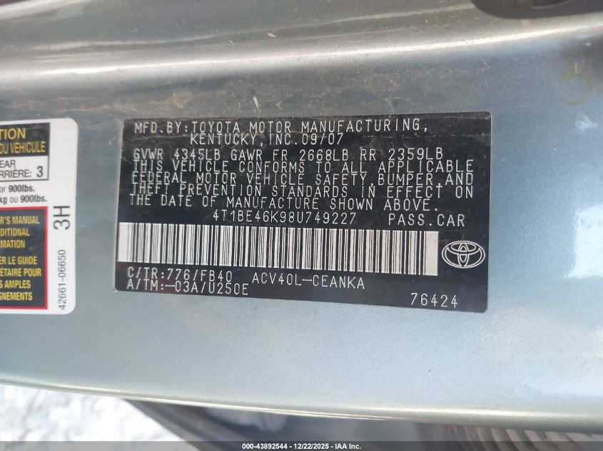 2008 Toyota Camry Le VIN: 4T1BE46K98U749227 Lot: 43892544