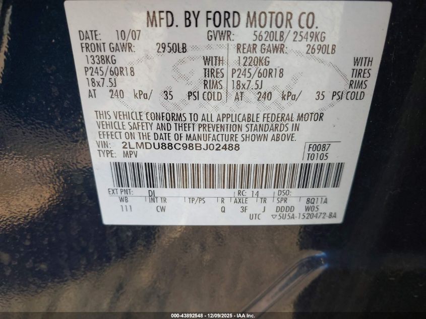 2008 Lincoln Mkx VIN: 2LMDU88C98BJ02488 Lot: 43892548