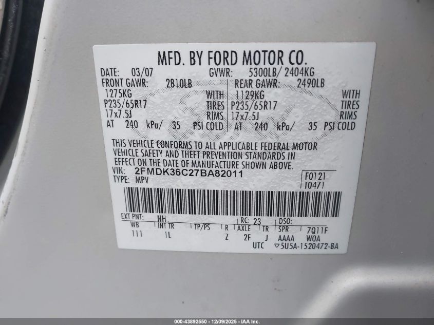 2007 Ford Edge Se VIN: 2FMDK36C27BA82011 Lot: 43892550