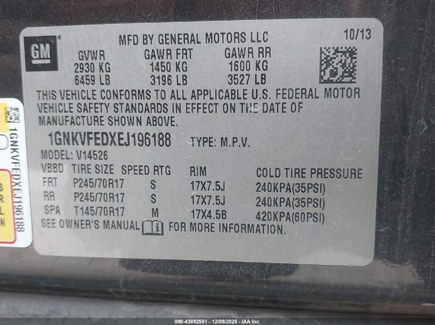 2014 Chevrolet Traverse Ls VIN: 1GNKVFEDXEJ196188 Lot: 43892551