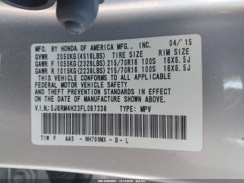 2015 Honda Cr-V Lx VIN: 5J6RM4H33FL067338 Lot: 43892553