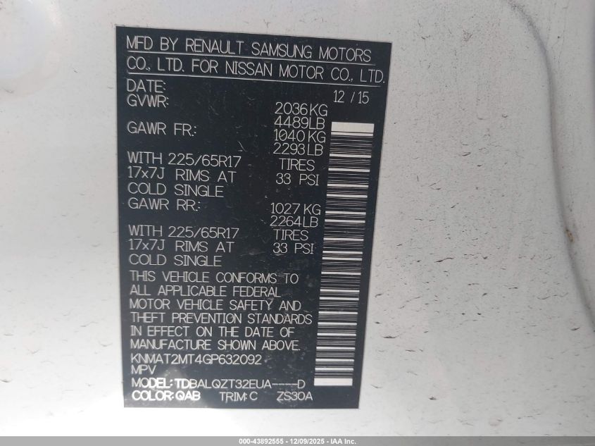 2016 Nissan Rogue Sv VIN: KNMAT2MT4GP632092 Lot: 43892555