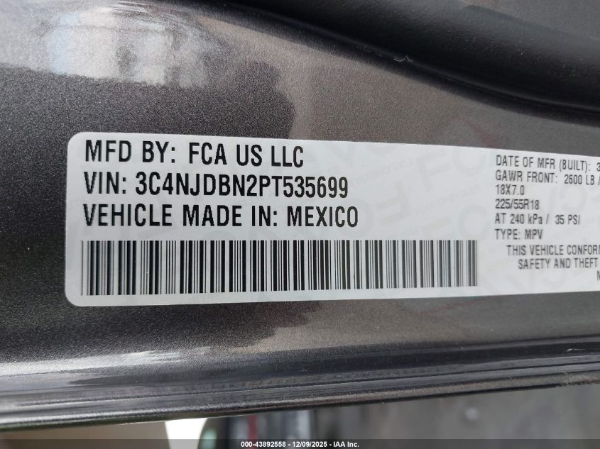 2023 Jeep Compass Altitude 4X4 VIN: 3C4NJDBN2PT535699 Lot: 43892558
