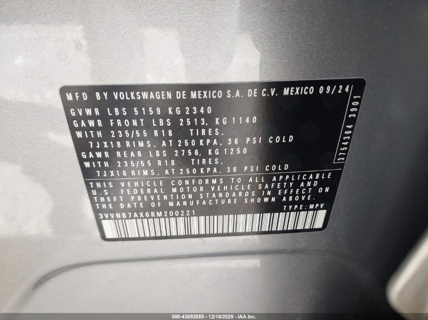 2024 Volkswagen Tiguan 2.0T Se/2.0T Wolfsburg Edition VIN: 3VVNB7AX6RM200221 Lot: 43892559