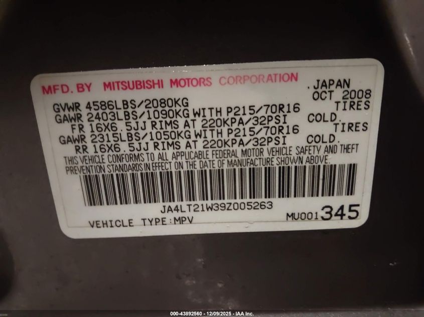 2009 Mitsubishi Outlander Es VIN: JA4LT21W39Z005263 Lot: 43892560