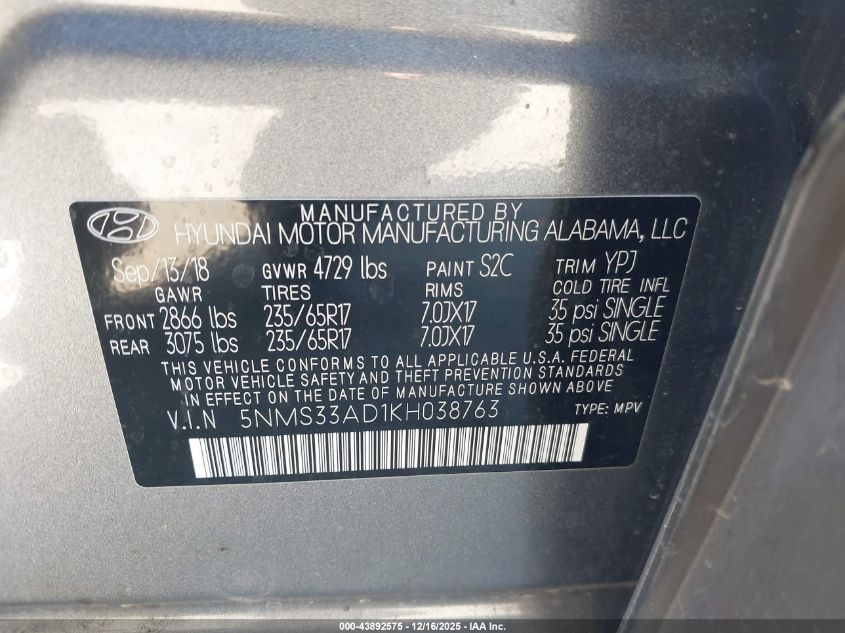 2019 Hyundai Santa Fe Sel VIN: 5NMS33AD1KH038763 Lot: 43892575