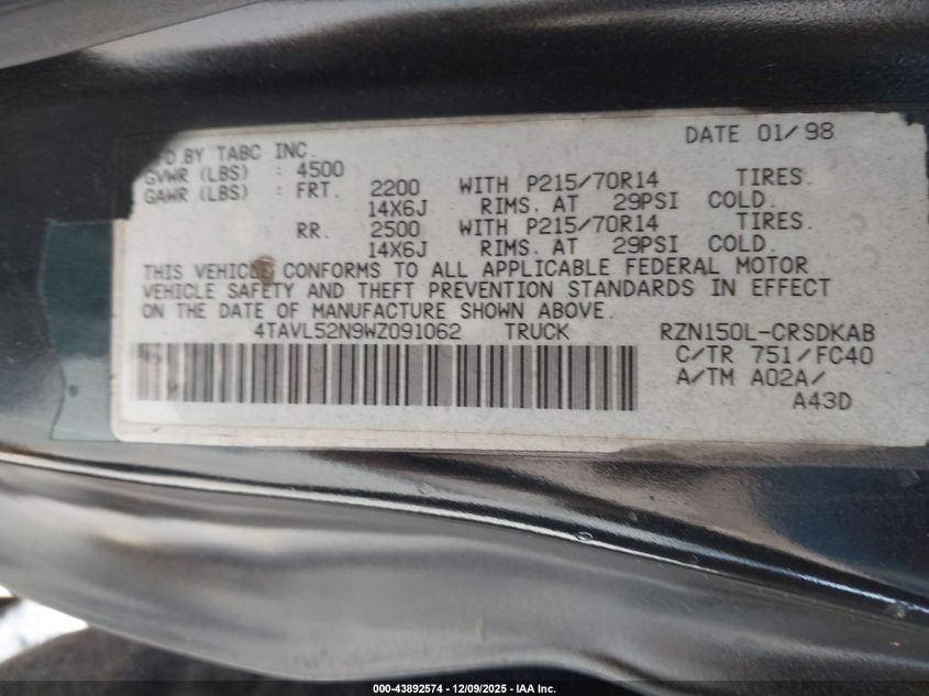 1998 Toyota Tacoma VIN: 4TAVL52N9WZ091062 Lot: 43892574