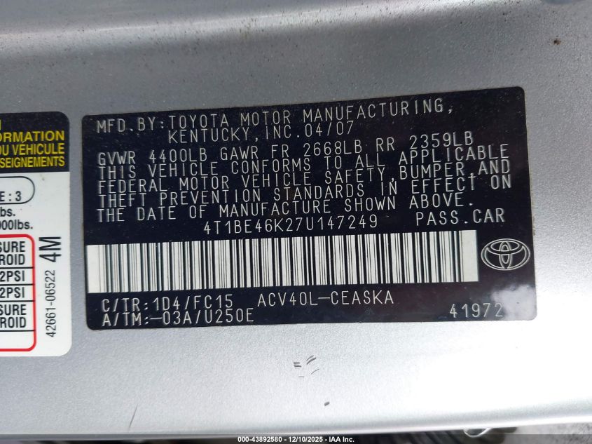 2007 Toyota Camry Se VIN: 4T1BE46K27U147249 Lot: 43892580