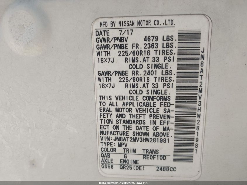 2017 Nissan Rogue Sl VIN: JN8AT2MV3HW281981 Lot: 43892582