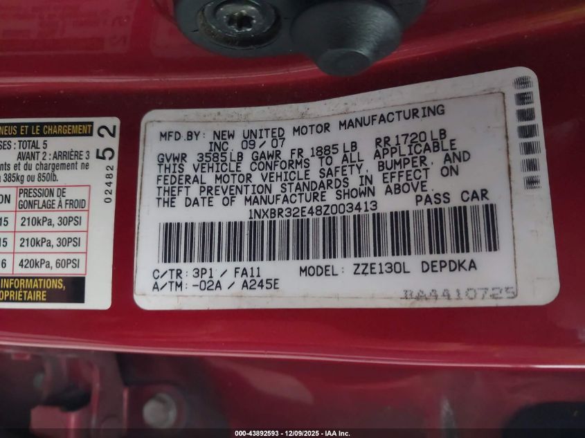 2008 Toyota Corolla Ce VIN: 1NXBR32E48Z003413 Lot: 43892593