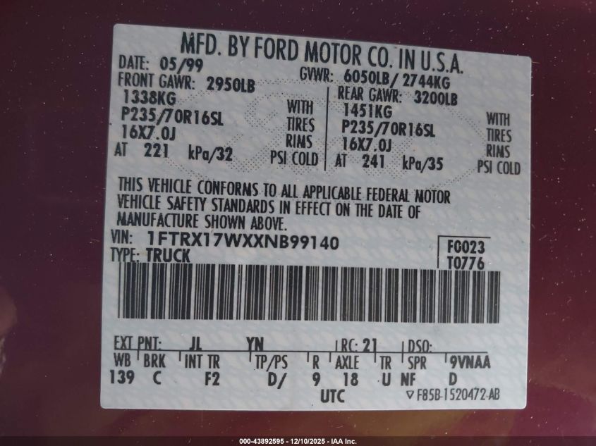 1999 Ford F-150 Lariat/Work Series/Xl/Xlt VIN: 1FTRX17WXXNB99140 Lot: 43892595