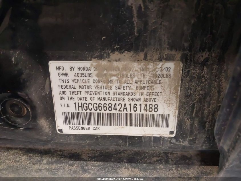 2002 Honda Accord 2.3 Ex/2.3 Se VIN: 1HGCG66842A161488 Lot: 43892622