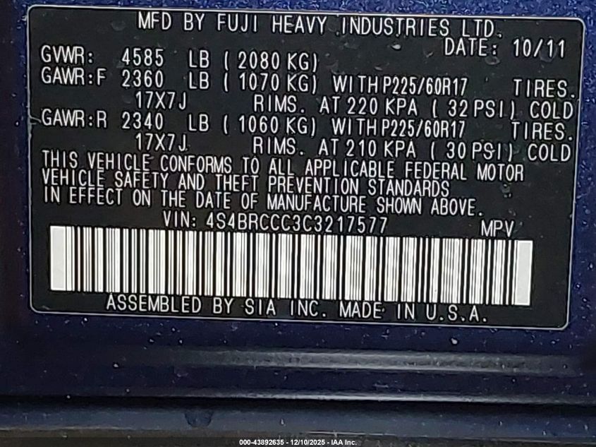 2012 Subaru Outback 2.5I Premium VIN: 4S4BRCCC3C3217577 Lot: 43892635