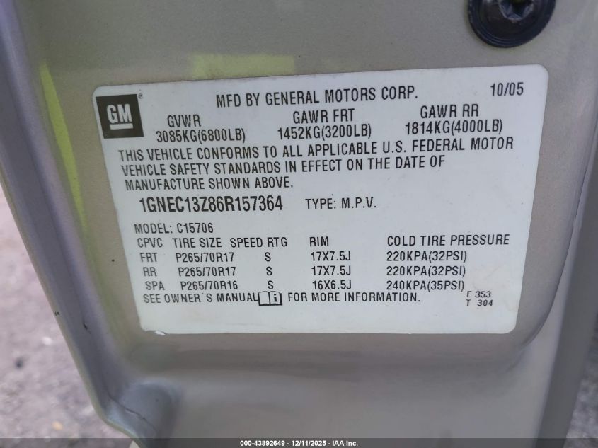 2006 Chevrolet Tahoe Lt VIN: 1GNEC13Z86R157364 Lot: 43892649