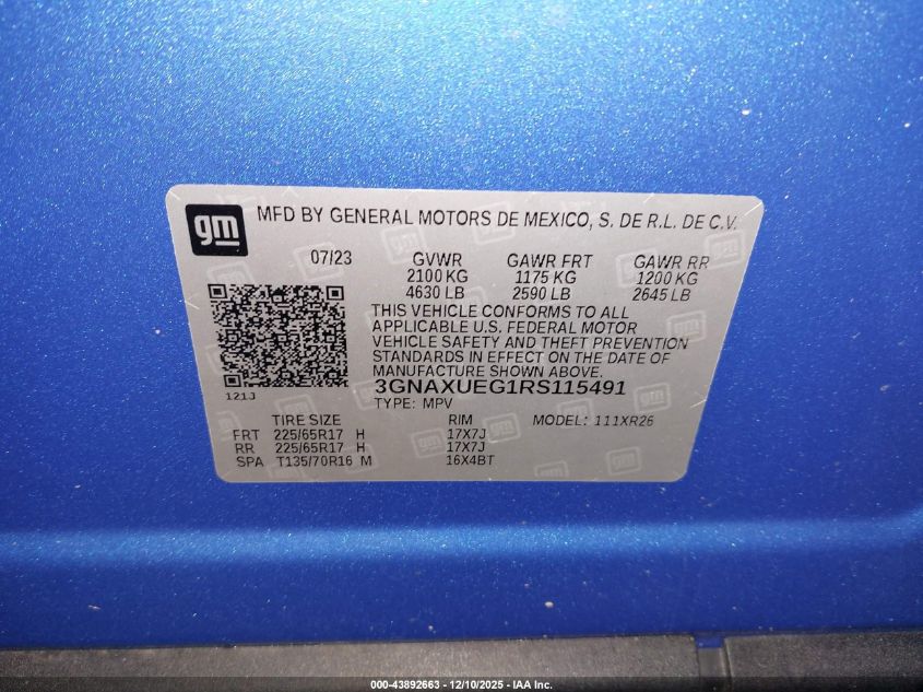 2024 Chevrolet Equinox Awd Lt VIN: 3GNAXUEG1RS115491 Lot: 43892663