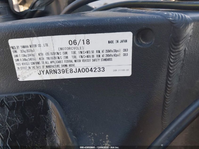 2018 Yamaha Yzfr1 VIN: JYARN39E8JA004233 Lot: 43892665