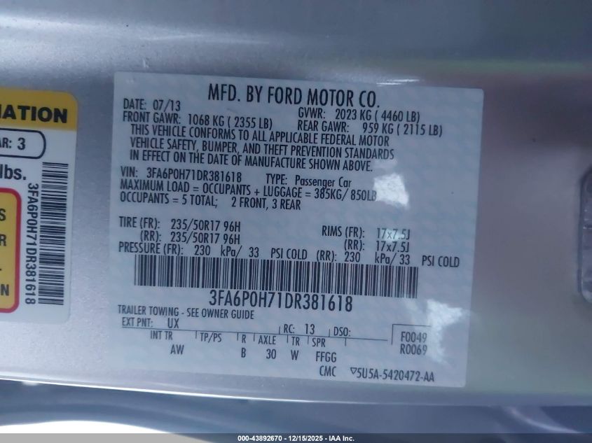 2013 Ford Fusion Se VIN: 3FA6P0H71DR381618 Lot: 43892670