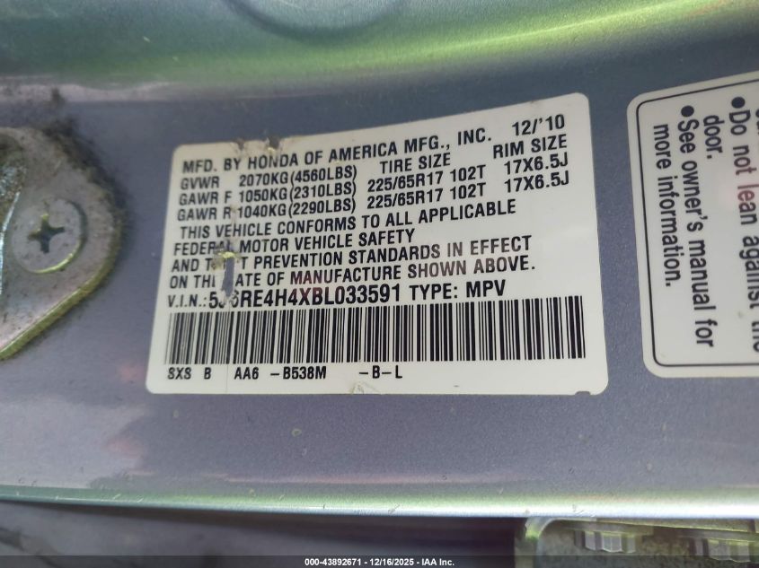 2011 Honda Cr-V Se VIN: 5J6RE4H4XBL033591 Lot: 43892671