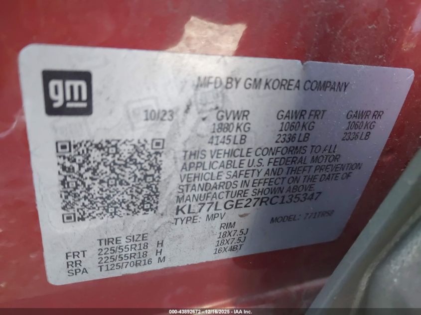 2024 Chevrolet Trax Fwd 1Rs VIN: KL77LGE27RC135347 Lot: 43892672