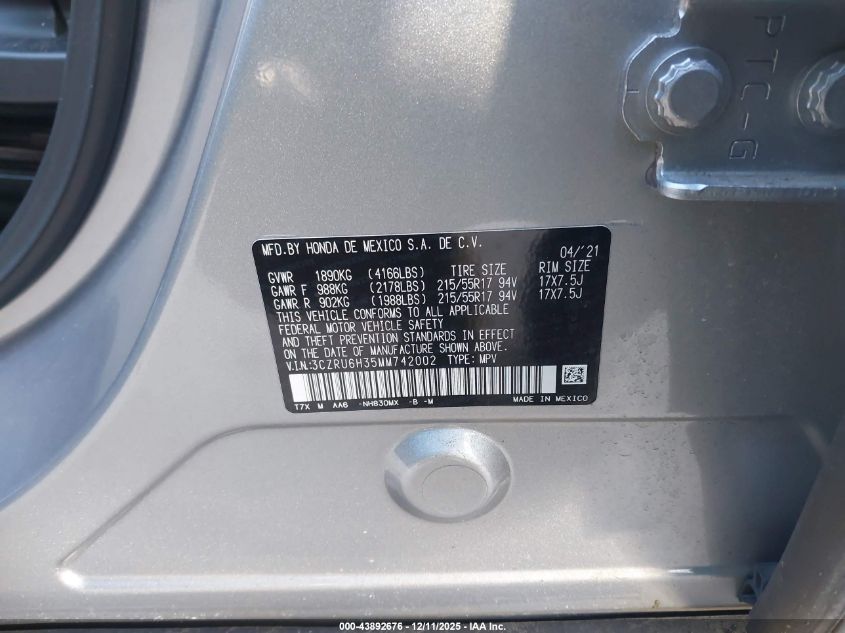 2021 Honda Hr-V Awd Lx VIN: 3CZRU6H35MM742002 Lot: 43892676