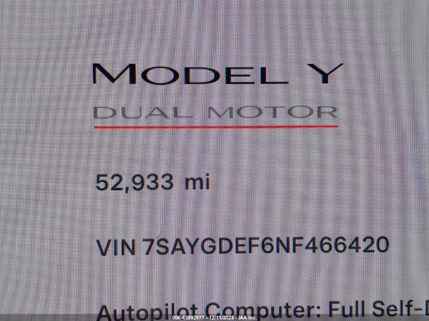 2022 Tesla Model Y Performance Dual Motor All-Wheel Drive VIN: 7SAYGDEF6NF466420 Lot: 43892677