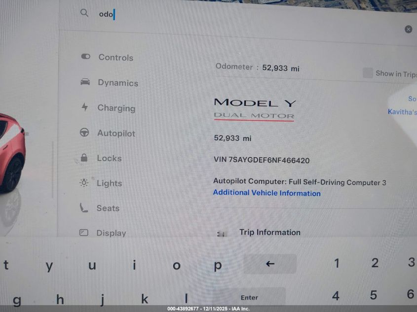 2022 Tesla Model Y Performance Dual Motor All-Wheel Drive VIN: 7SAYGDEF6NF466420 Lot: 43892677
