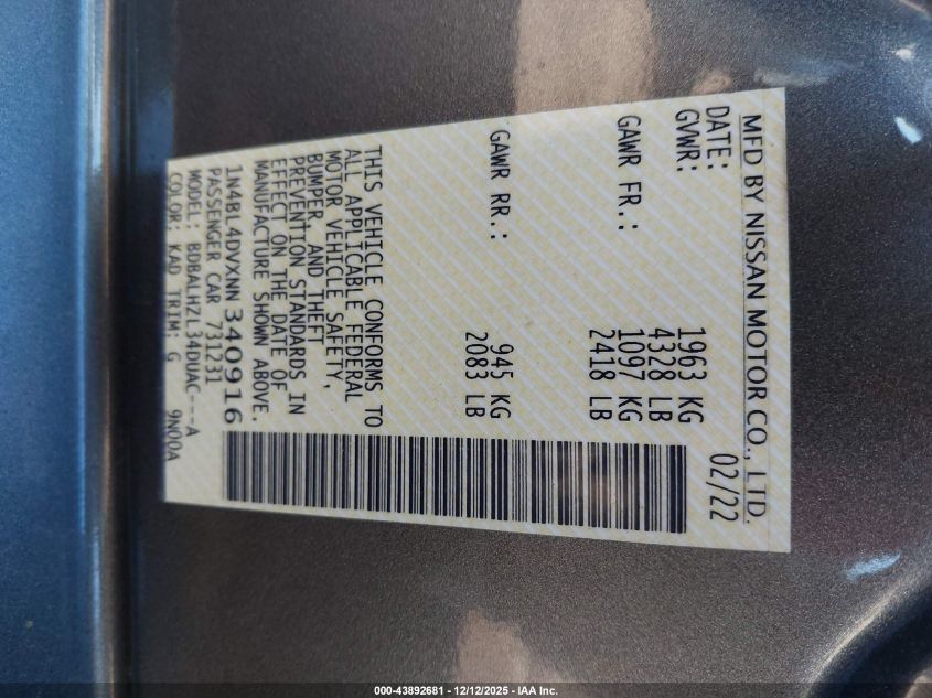 2022 Nissan Altima Sv Fwd VIN: 1N4BL4DVXNN340916 Lot: 43892681