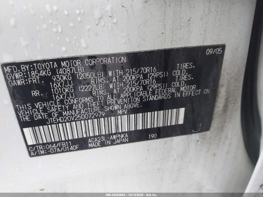 2005 Toyota Rav4 VIN: JTEHD20V250072979 Lot: 43892683