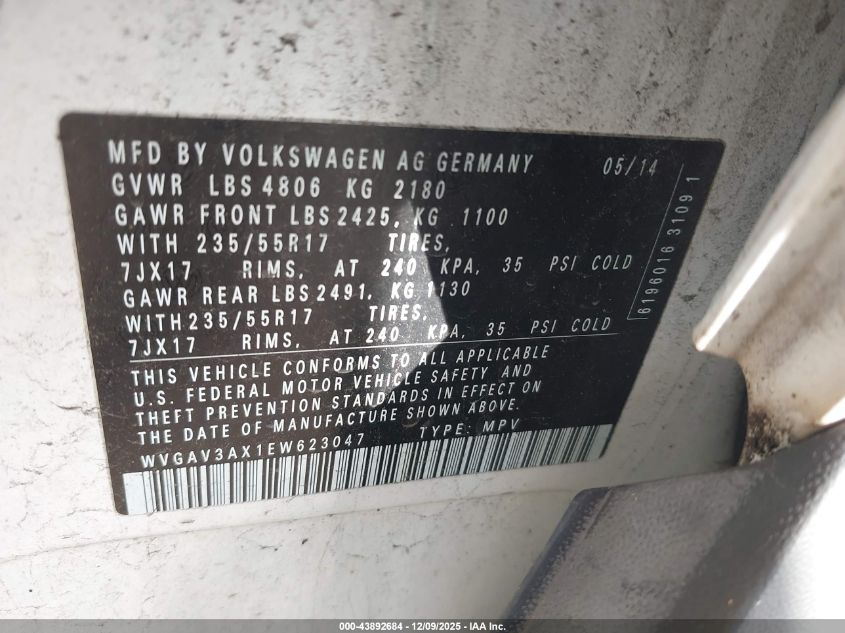 2014 Volkswagen Tiguan Se VIN: WVGAV3AX1EW623047 Lot: 43892684